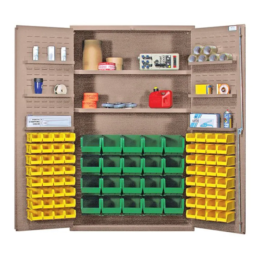 Quantum QSC-BG-4804YL Modular Shelving Cabinet with (20) QUS240 (64) QUS220 Yellow Bins and (6) Door Shelves for Industrial Distribution | 400 lb Capacity | 48"W x 24"D x 78"H, Beige, Carbon Steel