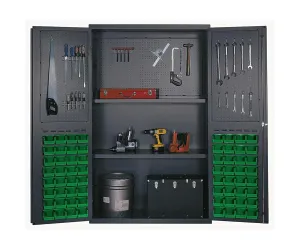 Quantum QSC-BG-4805GN Modular Shelving Cabinet with (64) QUS210 Green Bins and (2) Adjustable Interior Shelf for Industrial Distribution | 400 lbs Capacity | 48"W x 24"D x 78"H, Beige, Carbon Steel