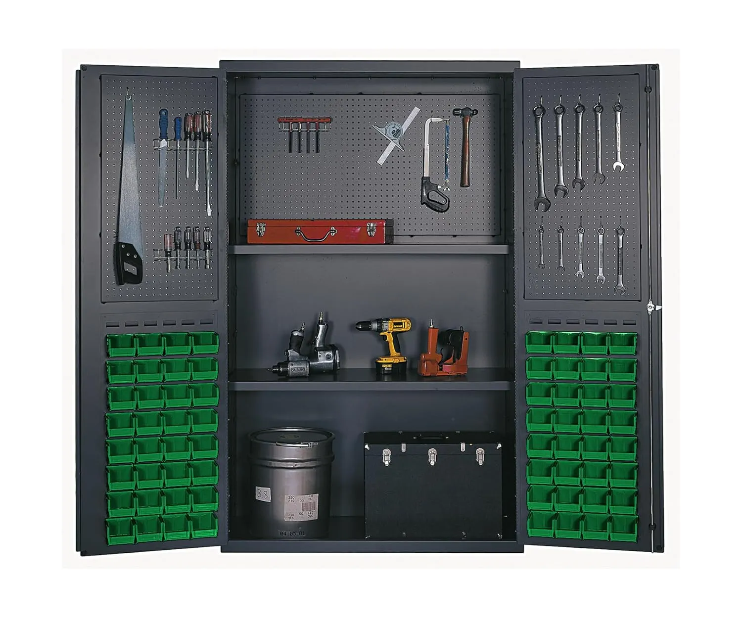 Quantum QSC-BG-4805GN Modular Shelving Cabinet with (64) QUS210 Green Bins and (2) Adjustable Interior Shelf for Industrial Distribution | 400 lbs Capacity | 48"W x 24"D x 78"H, Beige, Carbon Steel