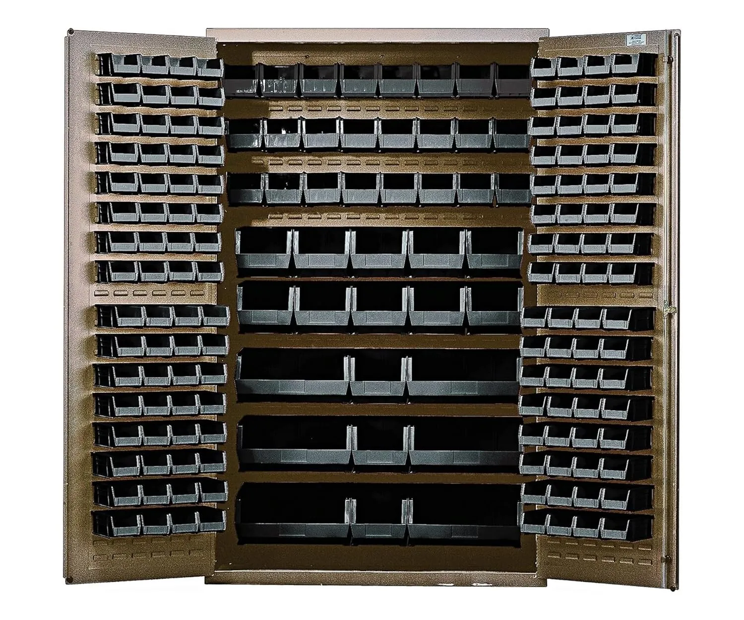 Quantum QSC-BG-48CL Modular Shelving Cabinet with (64) QUS210 (64) QUS220 (24) QUS230 (13) QUS240 and (6) QUS250 Clear Bins for Industrial | 400 lbs Capacity | 48"W x 24"D x 78"H, Beige, Carbon Steel