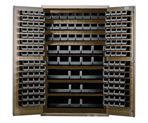 Quantum QSC-BG-48CL Modular Shelving Cabinet with (64) QUS210 (64) QUS220 (24) QUS230 (13) QUS240 and (6) QUS250 Clear Bins for Industrial | 400 lbs Capacity | 48"W x 24"D x 78"H, Beige, Carbon Steel