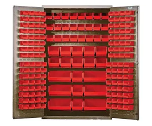 Quantum QSC-BG-48RD Modular Shelving Cabinet with (64) QUS210 (64) QUS220 (24) QUS230 (13) QUS240 and (6) QUS250 Red Bins for Industrial | 400 lbs Capacity | 48"W x 24"D x 78"H, Beige, Carbon Steel