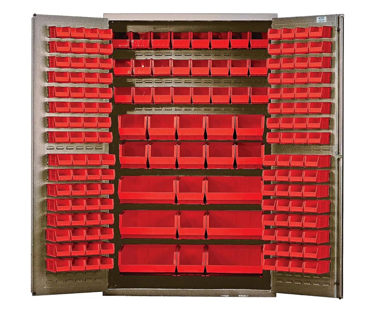 Quantum QSC-BG-48RD Modular Shelving Cabinet with (64) QUS210 (64) QUS220 (24) QUS230 (13) QUS240 and (6) QUS250 Red Bins for Industrial | 400 lbs Capacity | 48"W x 24"D x 78"H, Beige, Carbon Steel