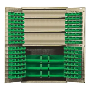 Quantum QSC-BG-48SGN Modular Shelving Cabinet with (64) QUS210 (64) QUS220 (3) QUS240 and (6) QUS250 Green Bins for Industrial Distribution | 400 lb Capacity | 48"W x 24"D x 78"H, Beige, Carbon Steel