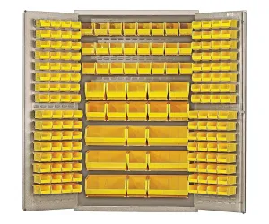 Quantum QSC-BG-48YL Modular Shelving Cabinet with (64) QUS210 (64) QUS220 (24) QUS230 (13) QUS240 and (6) QUS250 Yellow Bins for Industrial | 400 lb Capacity | 48"W x 24"D x 78"H, Beige, Carbon Steel