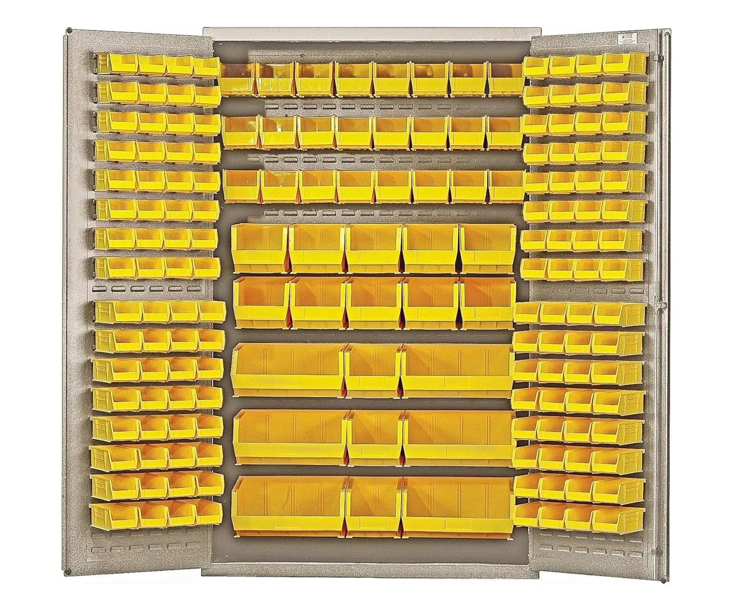 Quantum QSC-BG-48YL Modular Shelving Cabinet with (64) QUS210 (64) QUS220 (24) QUS230 (13) QUS240 and (6) QUS250 Yellow Bins for Industrial | 400 lb Capacity | 48"W x 24"D x 78"H, Beige, Carbon Steel