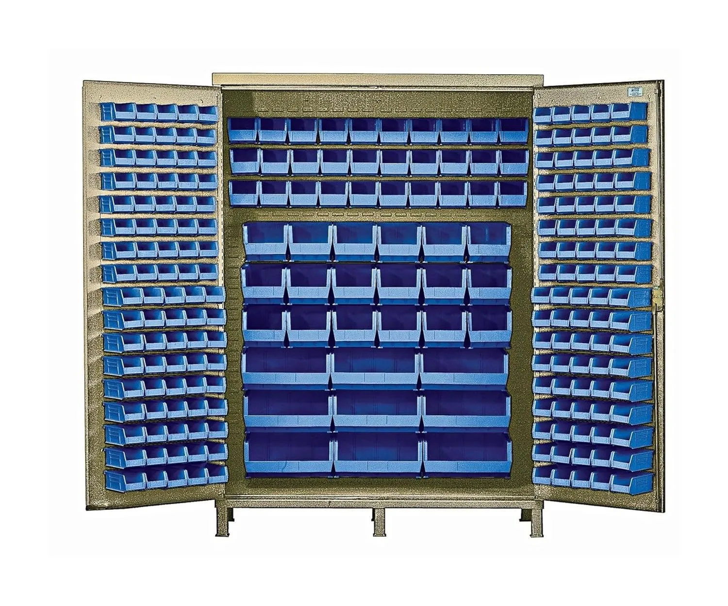 Quantum QSC-BG-60BL Modular Shelving Cabinet with (80) QUS210 (90) QUS220 (30) QUS230 (18) QUS240 and (9) QUS250 Blue Bins for Industrial | 500 lbs Capacity | 60"W x 24"D x 84"H, Beige, Carbon Steel