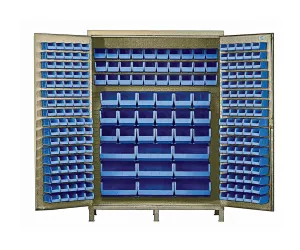 Quantum QSC-BG-60BL Modular Shelving Cabinet with (80) QUS210 (90) QUS220 (30) QUS230 (18) QUS240 and (9) QUS250 Blue Bins for Industrial | 500 lbs Capacity | 60"W x 24"D x 84"H, Beige, Carbon Steel