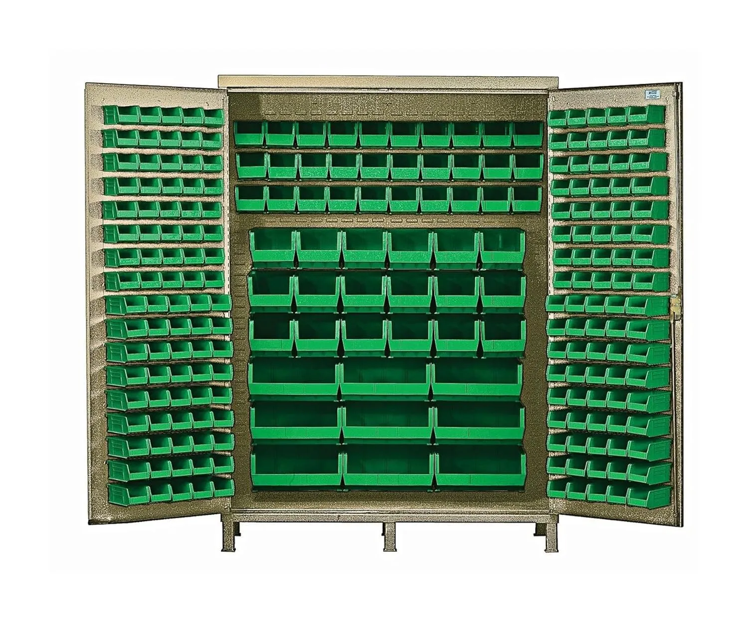 Quantum QSC-BG-60GN Modular Shelving Cabinet with (80) QUS210 (90) QUS220 (30) QUS230 (18) QUS240 and (9) QUS250 Green Bins for Industrial | 500 lb Capacity | 60"W x 24"D x 84"H, Beige, Carbon Steel