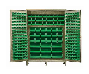 Quantum QSC-BG-60GN Modular Shelving Cabinet with (80) QUS210 (90) QUS220 (30) QUS230 (18) QUS240 and (9) QUS250 Green Bins for Industrial | 500 lb Capacity | 60"W x 24"D x 84"H, Beige, Carbon Steel