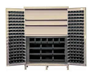 Quantum QSC-BG-60SCL Modular Shelving Cabinet with (80) QUS210 (90) QUS220 (6) QUS240 and (9) QUS250 Clear Bins for Industrial Distribution | 500 lbs Capacity | 60"W x 24"D x 84"H, Beige, Carbon Steel