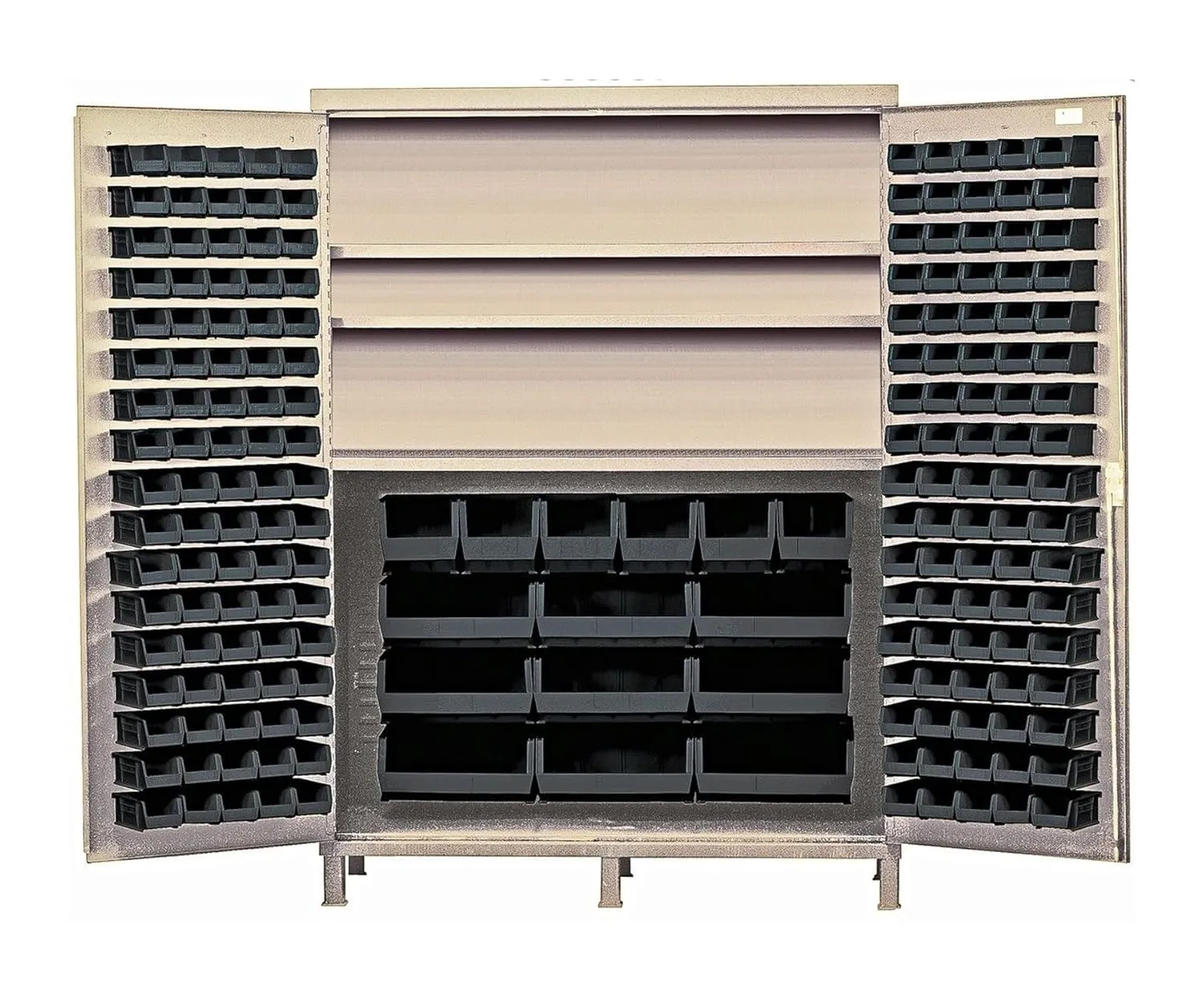 Quantum QSC-BG-60SCL Modular Shelving Cabinet with (80) QUS210 (90) QUS220 (6) QUS240 and (9) QUS250 Clear Bins for Industrial Distribution | 500 lbs Capacity | 60"W x 24"D x 84"H, Beige, Carbon Steel