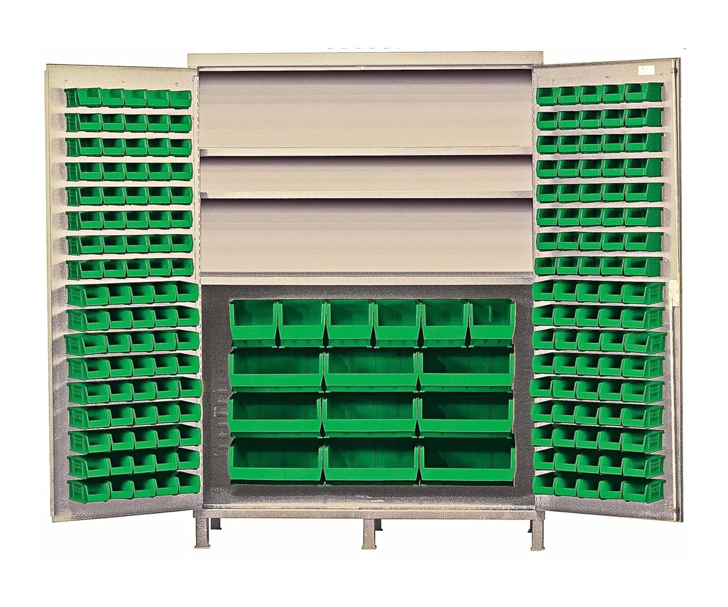Quantum QSC-BG-60SGN Modular Shelving Cabinet with (80) QUS210 (90) QUS220 (6) QUS240 and (9) QUS250 Green Bins for Industrial Distribution | 500 lbs Capacity | 60"W x 24"D x 84"H, Beige, Carbon Steel