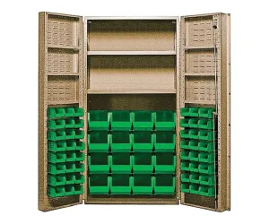 Quantum QSC-BG-64-2S-6DSGN Modular Shelving Cabinet with (48) QUS220 (16) QUS240 Green Bin and (2) Adjustable Interior Shelf for Industrial | 800 lbs Capacity | 36"W x 24"D x 72"H, Beige, Carbon Steel