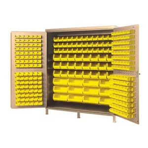 Quantum QSC-BG-72RD Modular Shelving Cabinet with (96) QUS210 (96) QUS220 (36) QUS230 (24) QUS240 and (12) QUS250 Heavy-Duty Red Bins | 500 lbs Capacity | 72"W x 24"D x 84"H, Beige, Carbon Steel