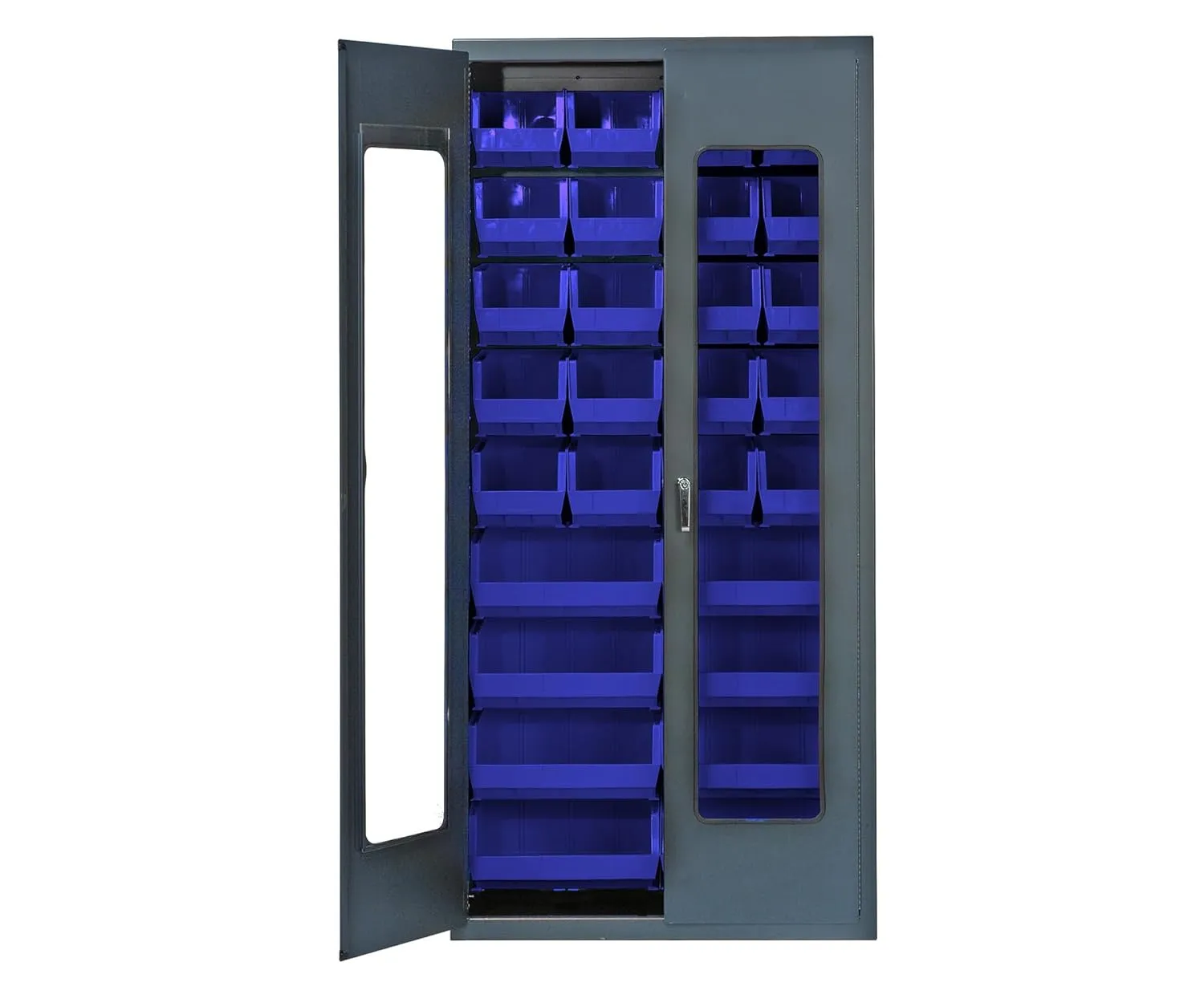 Quantum QSC-BG-C240250BL Modular Shelving Cabinet with (20) QUS240 and (8) QUS250 Blue Bins for Industrial Warehouse Supply Distribution | 400 lbs Capacity | 36"W x 18"D x 78"H, Beige, Carbon Steel