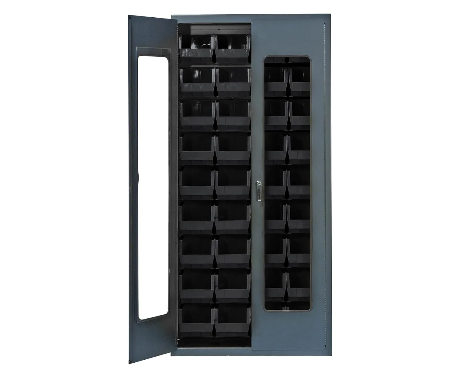 Quantum QSC-BG-C240BK Modular Shelving Cabinet with Acrylic Door and (36) QUS240 Black Bins for Industrial Warehouse Supply Distribution | 400 lbs Capacity | 36"W x 18"D x 78"H, Beige, Carbon Steel