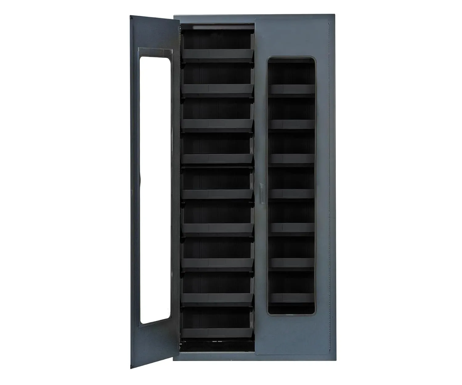 Quantum QSC-BG-C250BK Modular Shelving Cabinet with Clear Acrylic Door and (18) QUS250 Black Bins for Industrial Warehouse Distribution | 400 lbs Capacity | 36"W x 18"D x 78"H, Beige, Carbon Steel