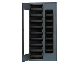 Quantum QSC-BG-C250BK Modular Shelving Cabinet with Clear Acrylic Door and (18) QUS250 Black Bins for Industrial Warehouse Distribution | 400 lbs Capacity | 36"W x 18"D x 78"H, Beige, Carbon Steel