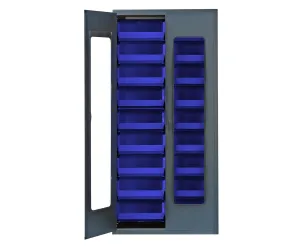 Quantum QSC-BG-C250BL Modular Shelving Cabinet with Clear Acrylic Door and (18) QUS250 Blue Bins for Industrial Warehouse Distribution | 400 lbs Capacity | 36"W x 18"D x 78"H, Beige, Carbon Steel