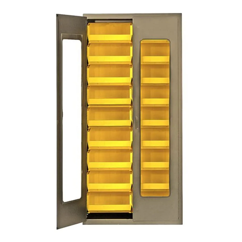 Quantum QSC-BG-C250CL Modular Shelving Cabinet with Acrylic Door and (18) QUS250 Clear Bin for Industrial Warehouse Supply Distribution | 400 lbs Capacity | 36"W x 18"D x 78"H, Beige, Carbon Steel