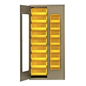 Quantum QSC-BG-C250CL Modular Shelving Cabinet with Acrylic Door and (18) QUS250 Clear Bin for Industrial Warehouse Supply Distribution | 400 lbs Capacity | 36"W x 18"D x 78"H, Beige, Carbon Steel