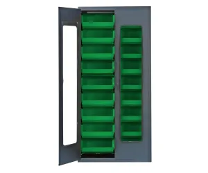 Quantum QSC-BG-C250GN Modular Shelving Cabinet with Clear Acrylic Door and (18) QUS250 Green Bins for Industrial Warehouse Distribution | 400 lbs Capacity | 36"W x 18"D x 78"H, Beige, Carbon Steel