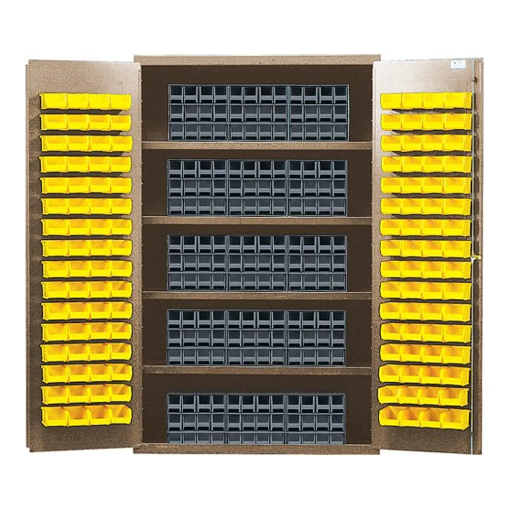 Quantum QSC-BG-QIC122RD Modular Shelving Cabinet with (15) QIC-122 Interlock Drawers and (128) QUS210 Red Bins for Industrial Distribution | 400 lbs Capacity | 48"W x 24"D x 78"H, Beige, Carbon Steel