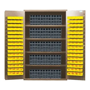 Quantum QSC-BG-QIC122RD Modular Shelving Cabinet with (15) QIC-122 Interlock Drawers and (128) QUS210 Red Bins for Industrial Distribution | 400 lbs Capacity | 48"W x 24"D x 78"H, Beige, Carbon Steel