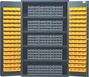 Quantum QSC-BG-QIC64BL Modular Shelving Cabinet with (15) QIC-64 Interlock Drawers and (128) QUS210 Blue Bins for Industrial Distribution | 400 lbs Capacity | 48"W x 24"D x 78"H, Beige, Carbon Steel
