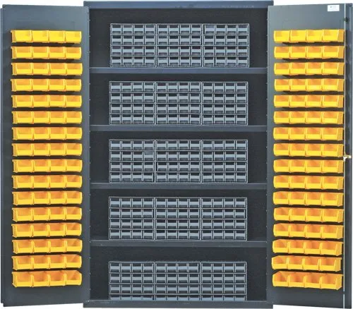 Quantum QSC-BG-QIC64BL Modular Shelving Cabinet with (15) QIC-64 Interlock Drawers and (128) QUS210 Blue Bins for Industrial Distribution | 400 lbs Capacity | 48"W x 24"D x 78"H, Beige, Carbon Steel