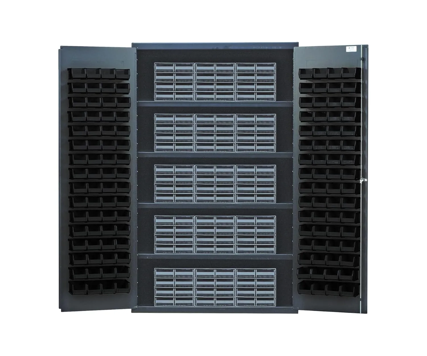 Quantum QSC-BG-QIC83BK Modular Shelving Cabinet with (15) QIC-86 Interlock Drawers and (128) QUS210 Black Bins for Industrial Supply | 400 lbs Capacity | 48"W x 24"D x 78"H, Beige, Carbon Steel