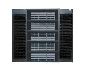 Quantum QSC-BG-QIC83BK Modular Shelving Cabinet with (15) QIC-86 Interlock Drawers and (128) QUS210 Black Bins for Industrial Supply | 400 lbs Capacity | 48"W x 24"D x 78"H, Beige, Carbon Steel