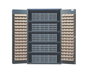 Quantum QSC-BG-QIC83IV Modular Shelving Cabinet with (15) QIC-86 Interlock Drawers and (128) QUS210 Ivory Bins for Industrial Distribution | 400 lb Capacity | 48"W x 24"D x 78"H, Beige, Carbon Steel