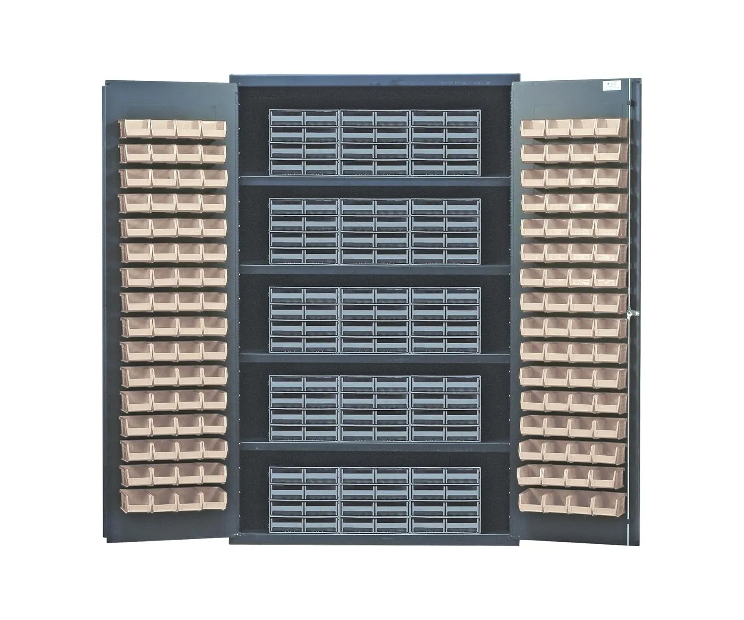 Quantum QSC-BG-QIC83IV Modular Shelving Cabinet with (15) QIC-86 Interlock Drawers and (128) QUS210 Ivory Bins for Industrial Distribution | 400 lb Capacity | 48"W x 24"D x 78"H, Beige, Carbon Steel