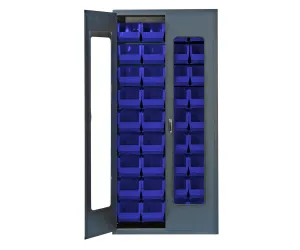 Quantum QSC-C240BL Modular Shelving Cabinet with Acrylic Door and (36) QUS240 Blue Bins for Industrial Warehouse Supply Supply Distribution | 400 lbs Capacity | 36"W x 18"D x 78"H, Gray, Carbon Steel