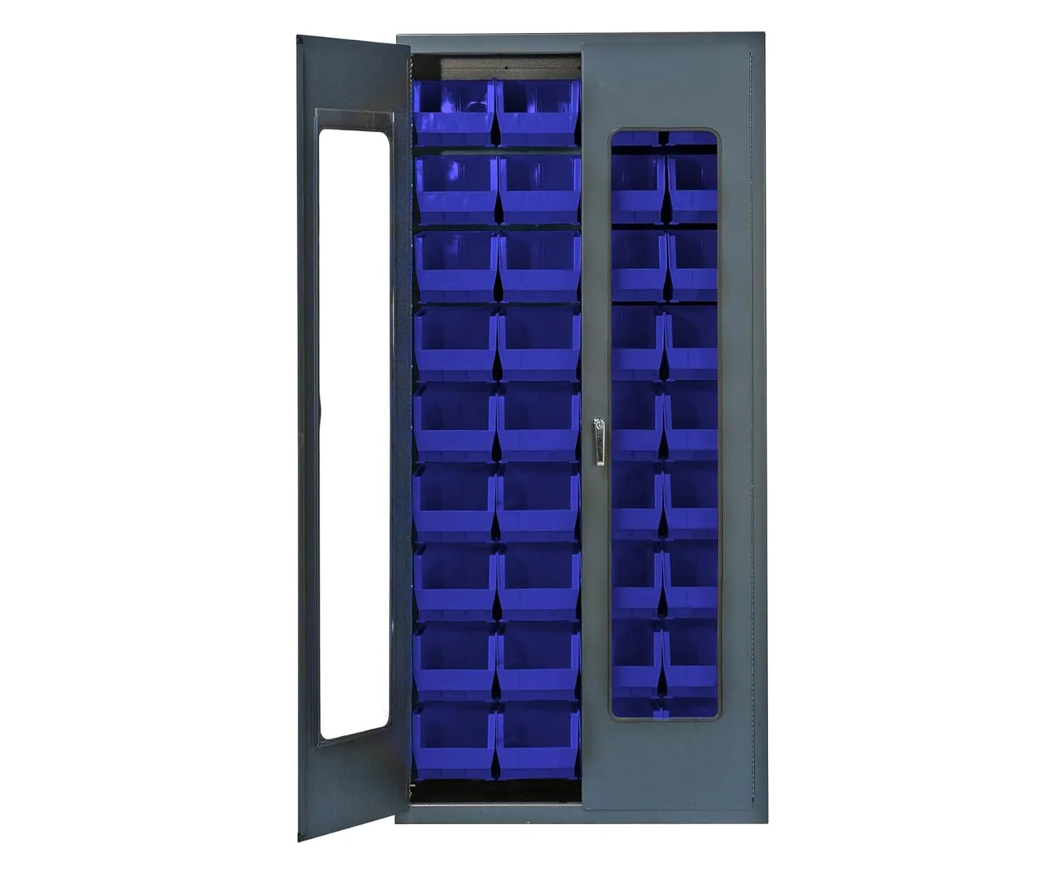 Quantum QSC-C240BL Modular Shelving Cabinet with Acrylic Door and (36) QUS240 Blue Bins for Industrial Warehouse Supply Supply Distribution | 400 lbs Capacity | 36"W x 18"D x 78"H, Gray, Carbon Steel
