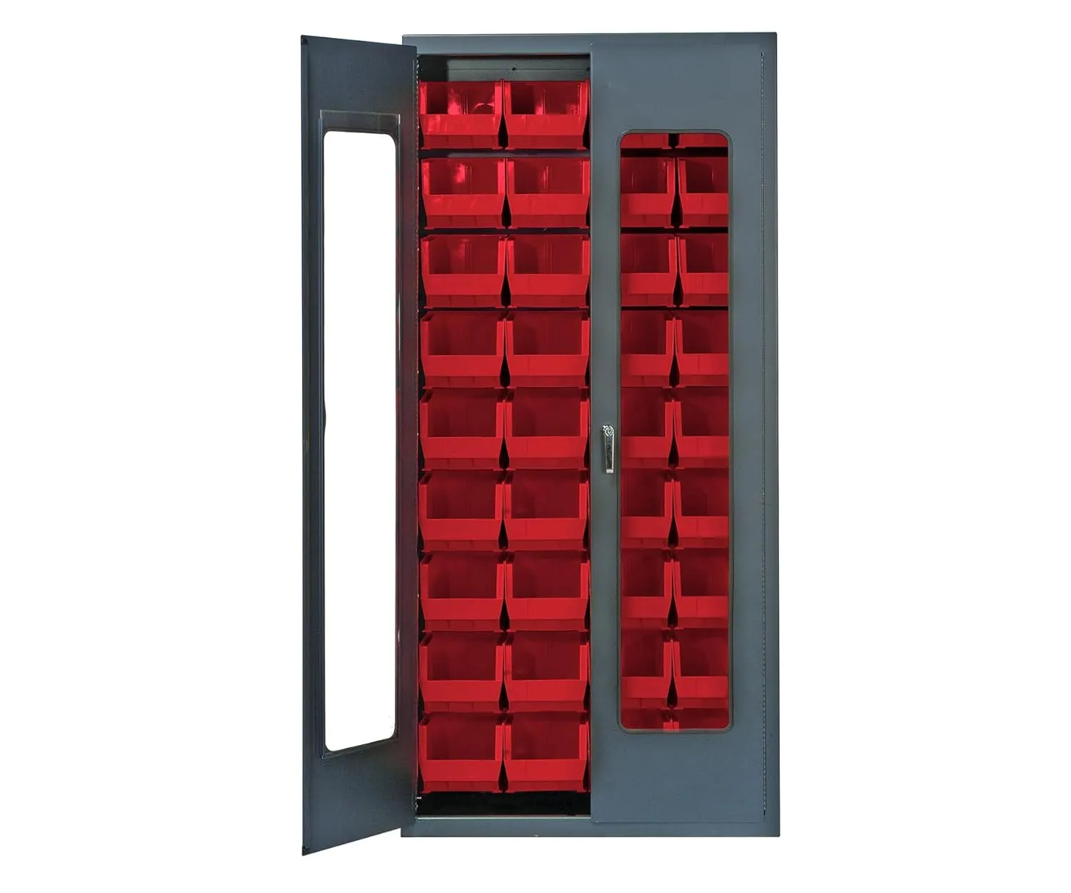 Quantum QSC-C240RD Modular Shelving Cabinet with Clear Acrylic Door and (36) QUS240 Red Bins for Industrial Warehouse Supply Distribution | 400 lbs Capacity | 36"W x 18"D x 78"H, Gray, Carbon Steel