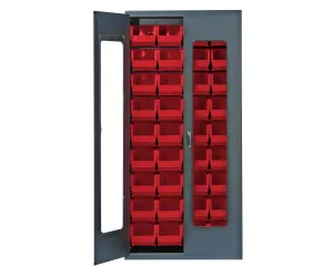 Quantum QSC-C240RD Modular Shelving Cabinet with Clear Acrylic Door and (36) QUS240 Red Bins for Industrial Warehouse Supply Distribution | 400 lbs Capacity | 36"W x 18"D x 78"H, Gray, Carbon Steel