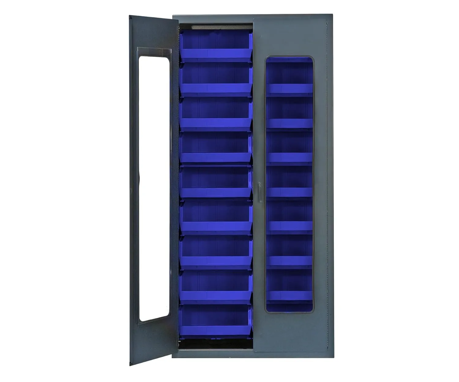 Quantum QSC-C250BL Modular Shelving Cabinet with Clear Acrylic Door and (18) QUS250 Blue Bins for Industrial Warehouse Supply Distribution | 400 lbs Capacity | 36"W x 18"D x 78"H, Gray, Carbon Steel