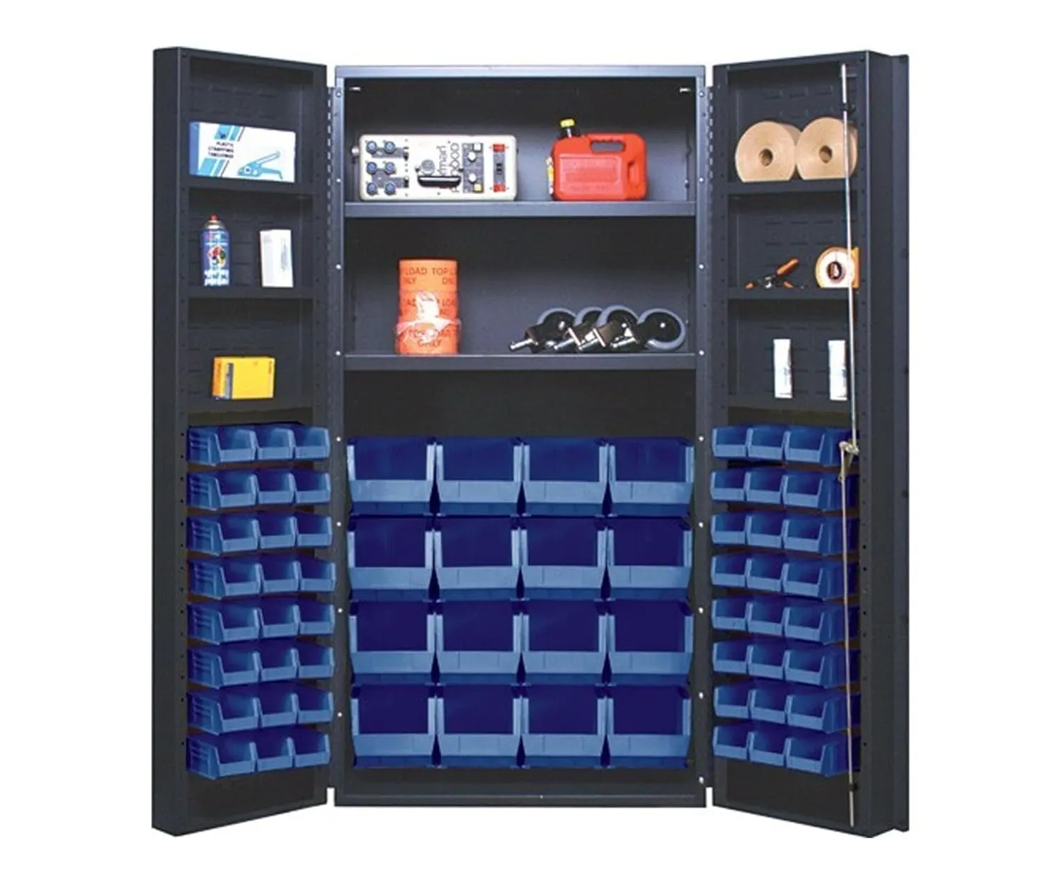 Quantum Storage Systems QSC-32-2S-6DSBL Heavy-Duty 36" Bin Cabinet, 36" W x 24" D x 72" H, Carbon Steel, Gray with Blue Bins