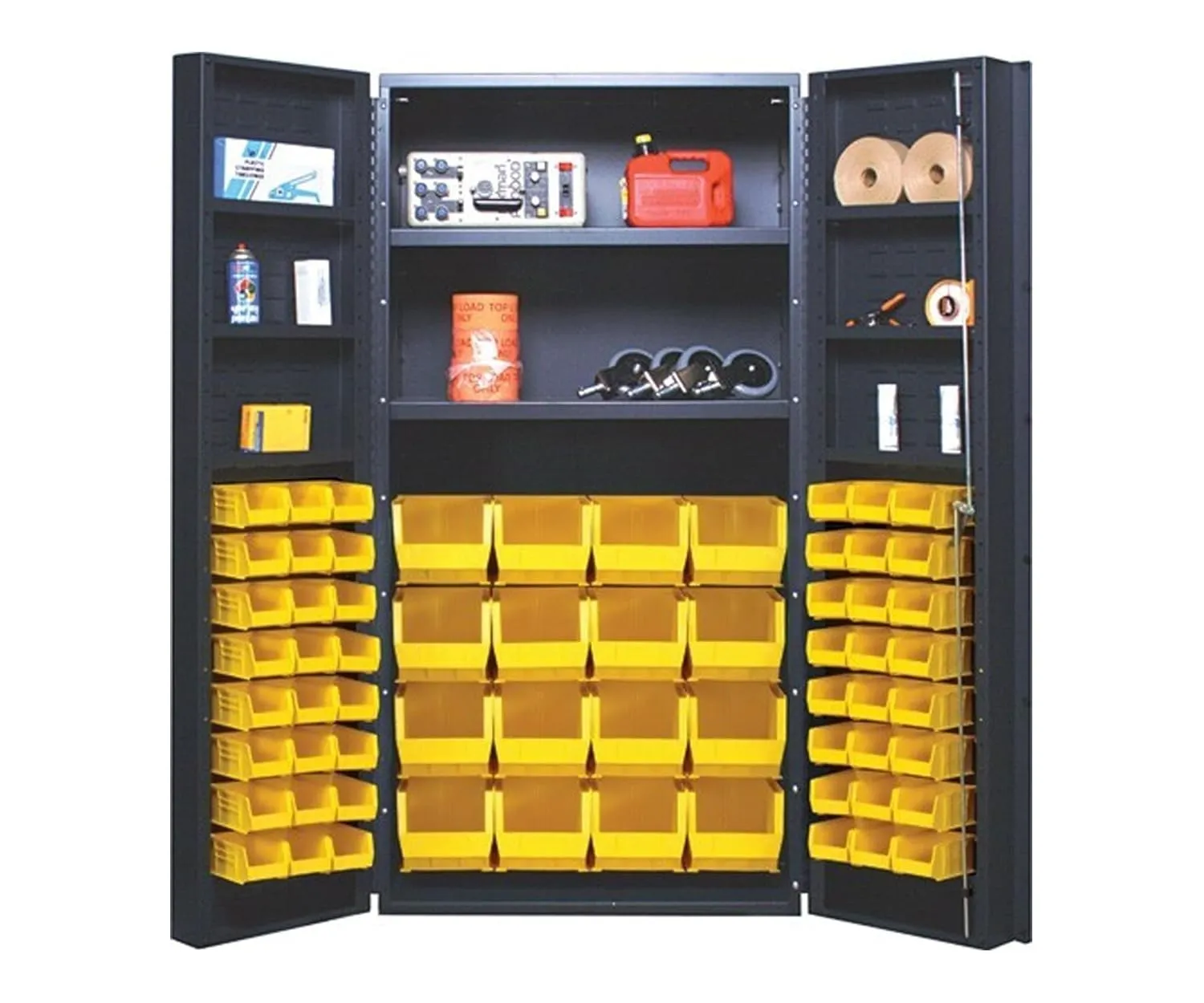 Quantum Storage Systems QSC-32-2S-6DSYL Heavy-Duty 36" Bin Cabinet, 36" W x 24" D x 72" H, Carbon Steel, Gray with Yellow Bins