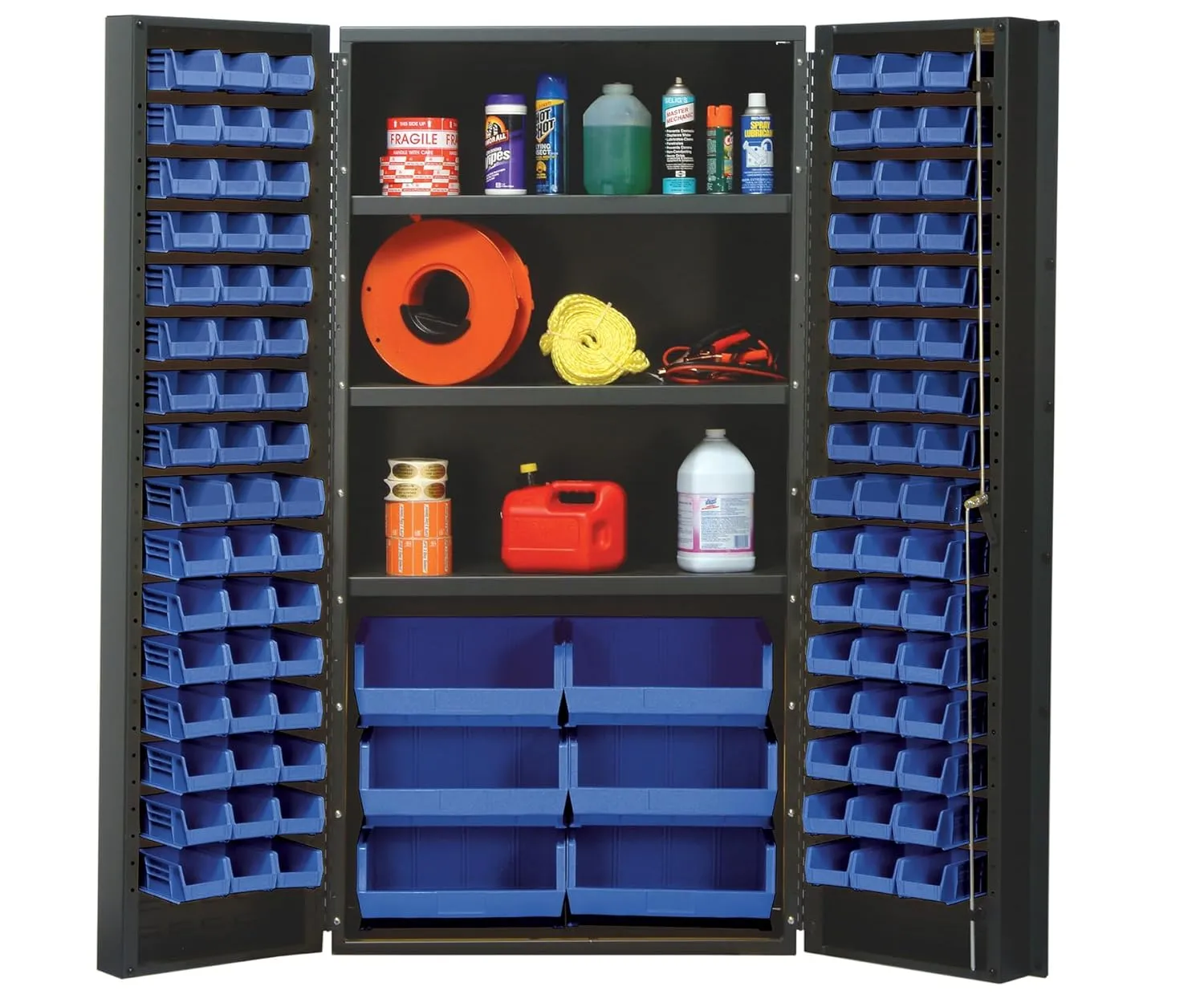 Quantum Storage Systems QSC-36S-38BL Heavy-Duty 36" Bin Cabinet, 36" W x 24" D x 72" H, Carbon Steel, Gray with Blue Bins