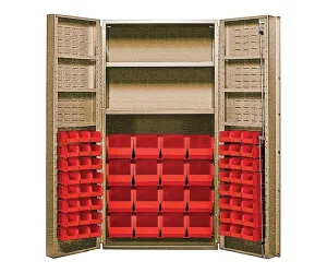 Quantum Storage Systems QSC-BG-32-2S-6DSRD Heavy-Duty 36" Bin Cabinet, 36" W x 24" D x 72" H, Carbon Steel, Beige with Red Bins