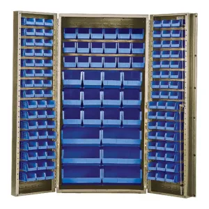 Quantum Storage Systems QSC-BG-36-68BL Heavy-Duty 36" Bin Cabinet, 36" W x 24" D x 72" H, Carbon Steel, Beige with Blue Bins