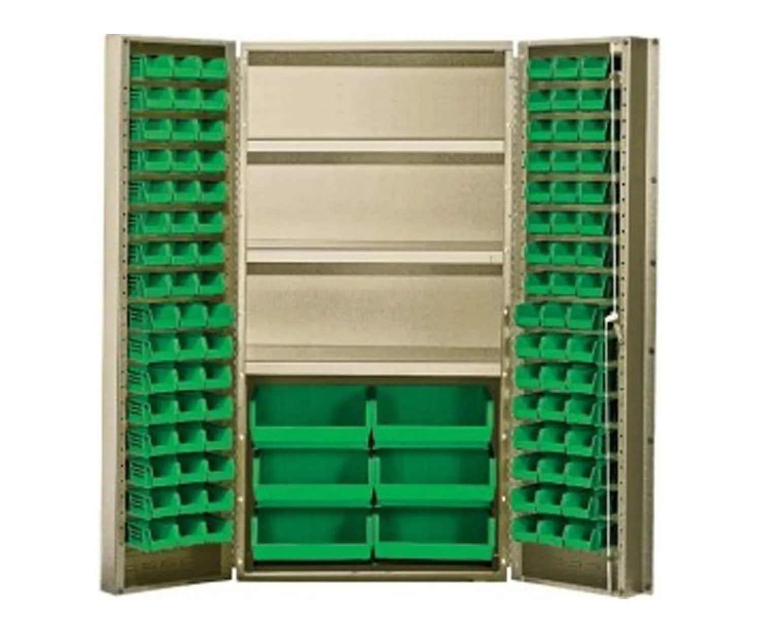 Quantum Storage Systems QSC-BG-36S-38GN Heavy-Duty 36" Bin Cabinet, 36" W x 24" D x 72" H, Carbon Steel, Beige with Green Bins