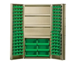 Quantum Storage Systems QSC-BG-36S-38GN Heavy-Duty 36" Bin Cabinet, 36" W x 24" D x 72" H, Carbon Steel, Beige with Green Bins