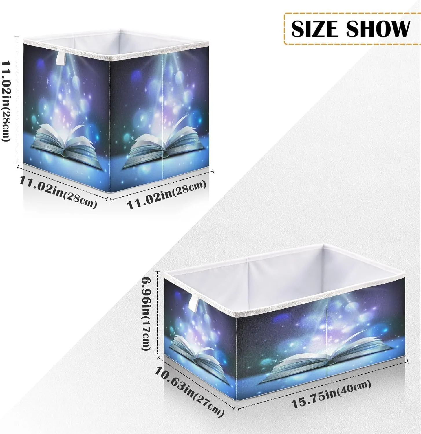 QUGRL Shiny Blue Book Storage Bins Cube Magic Fantasy Clothes Storage Basket Foldable Storage Box Organizer for Shelves Closet Cabinet Office Dorm Bedroom 11x11 in
