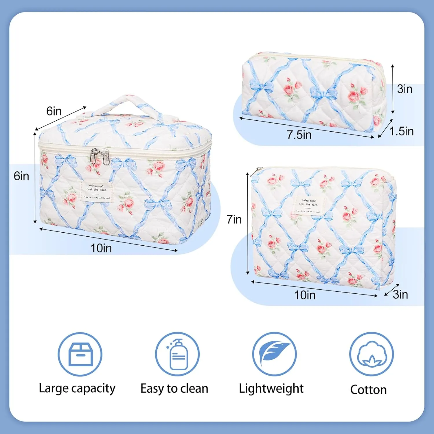 Quilted Makeup Bag,Large Cosmetics Bag Set,Cotton Coquette Floral Make up Pouch,Travel Toiletry Bag for Women