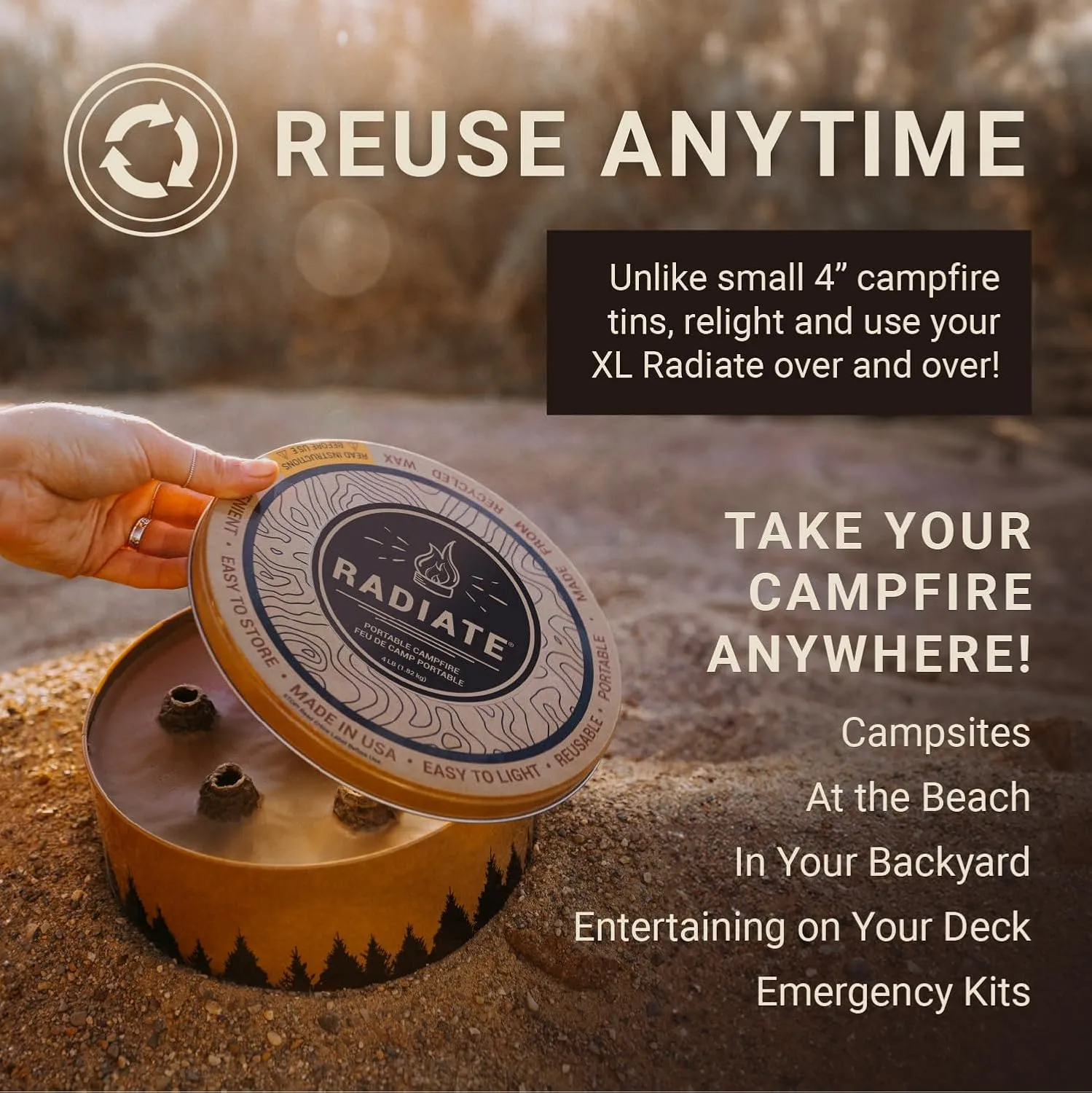 Radiate 2 Pack XL 8" Portable Campfire As Seen On Shark Tank - Up to 5 Hours of Burn Time, Reusable Travel Fire Pit for Camping, Patios and Beach Days - Great Alternative to a Real Fire - Made in USA